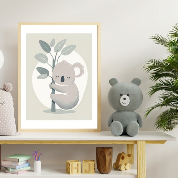 Sleepy Koala Hugging Eucalyptus Branch Soft Nursery Art Poster