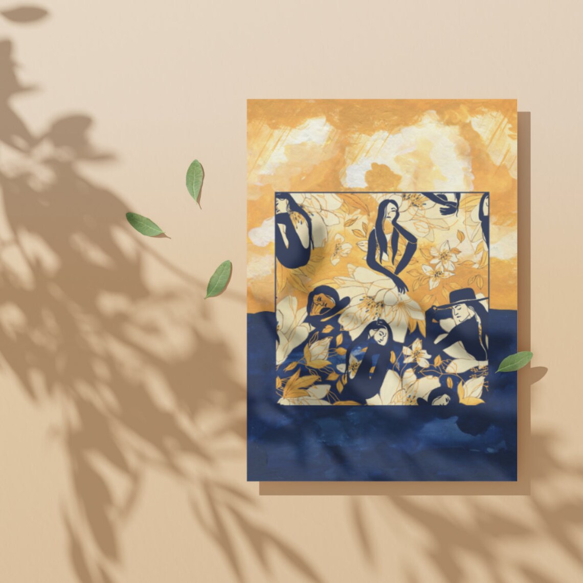 Elegant Navy And Gold Women Among Golden Blooms Contemporary Art Print - Image 3