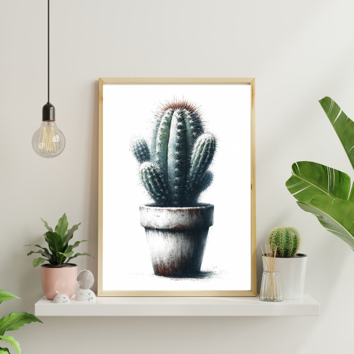 Tall Cactus Weathered Pot Cool Watercolor Minimalist Botanical Poster - Image 5