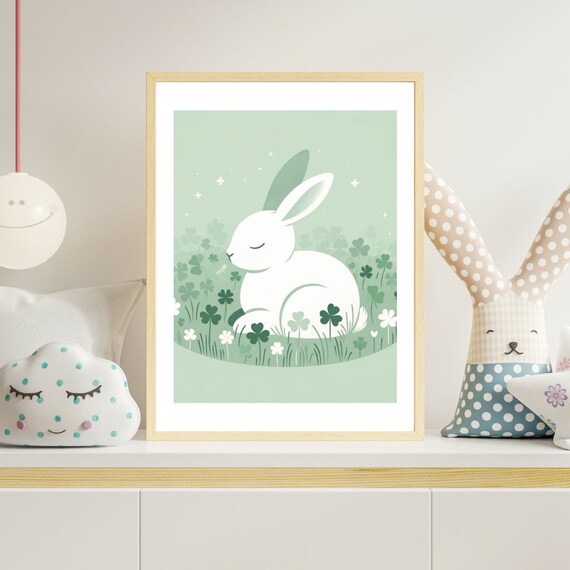 White Bunny Clover Field Soft Green Nursery Rabbit Illustration Wall Art