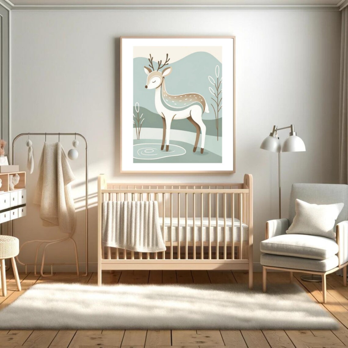 Stylized Deer Antlers Teal Landscape Illustration Modern Nursery Poster