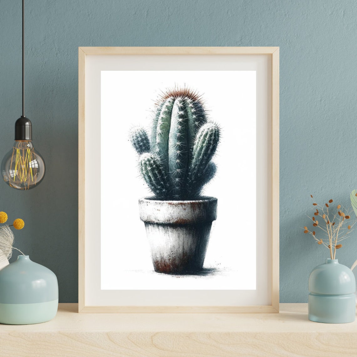 Tall Cactus Weathered Pot Cool Watercolor Minimalist Botanical Poster - Image 2