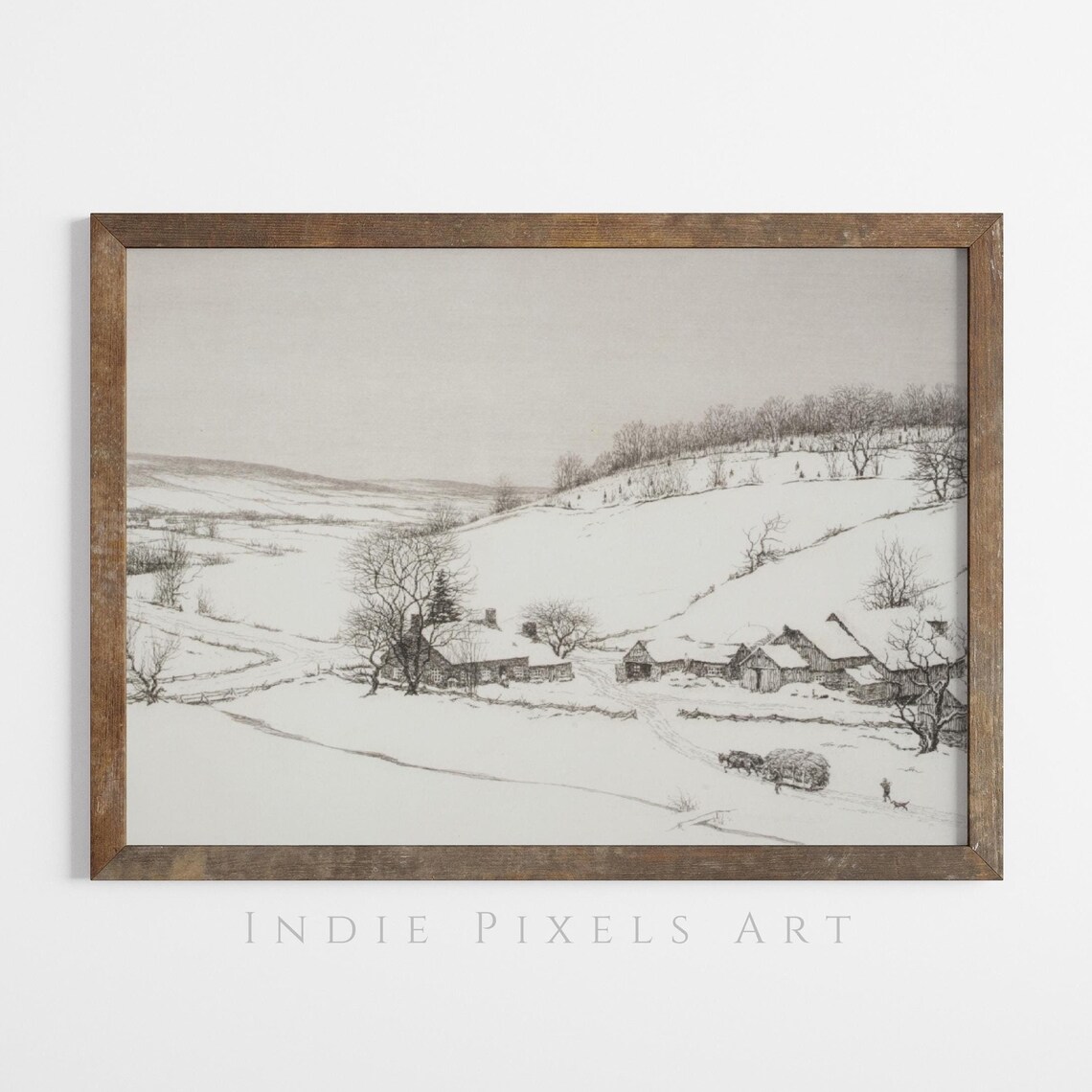 Neutral Winter Farm Valley Sketch Snowy Barns Horse Sled Art Print