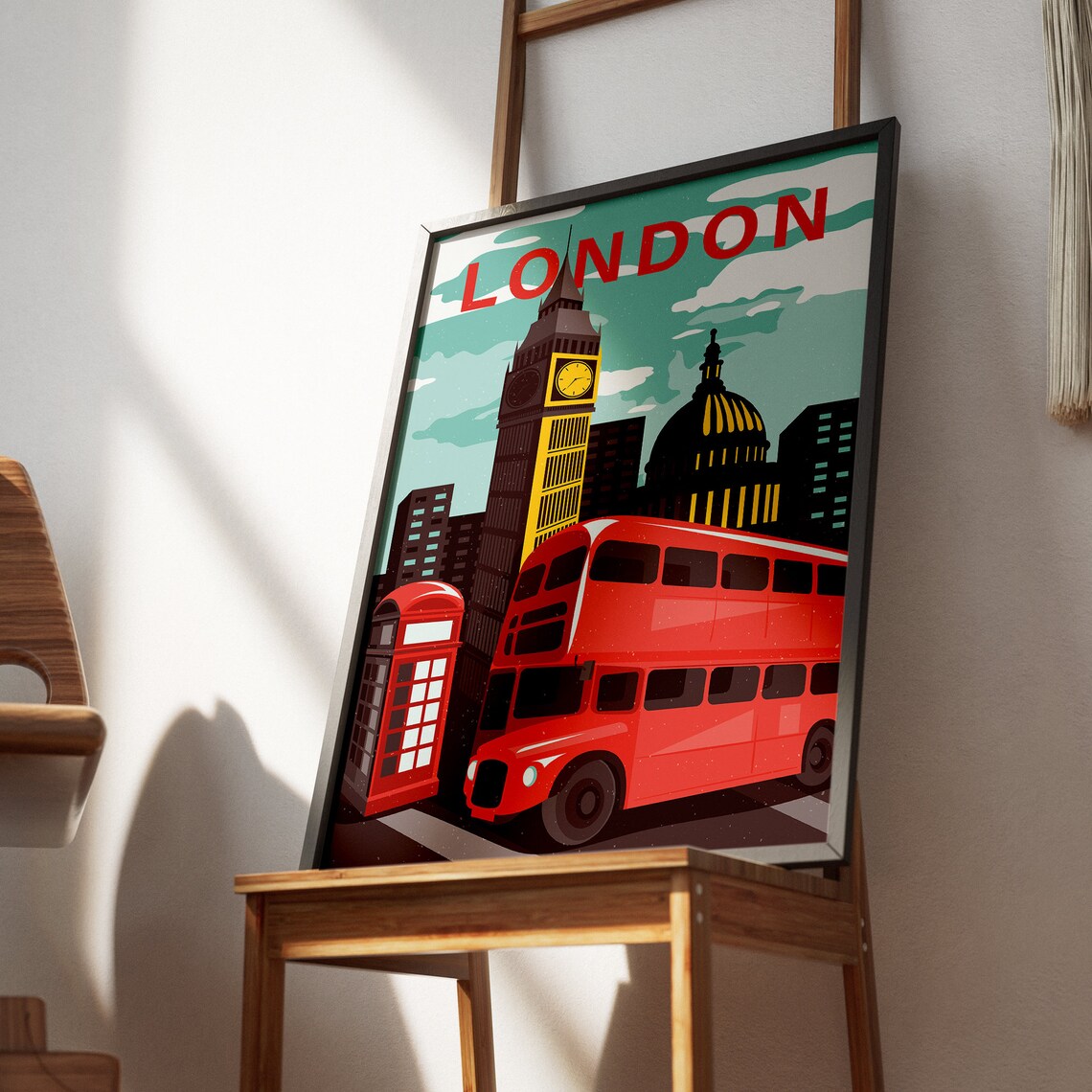 London Retro Travel Poster with Big Ben Double Decker Bus Icons - Image 2