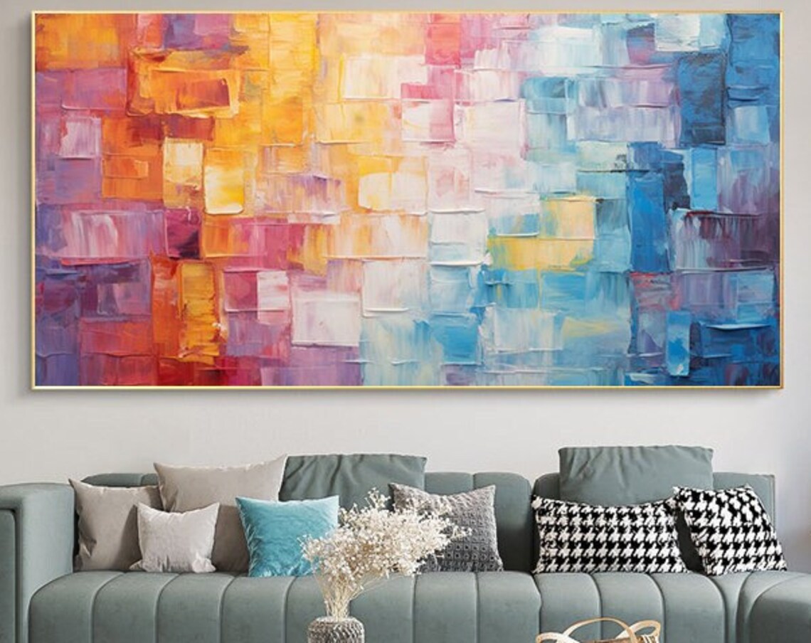 Colorful Mosaic Grid Abstract Art Shifting Orange To Blue Poster