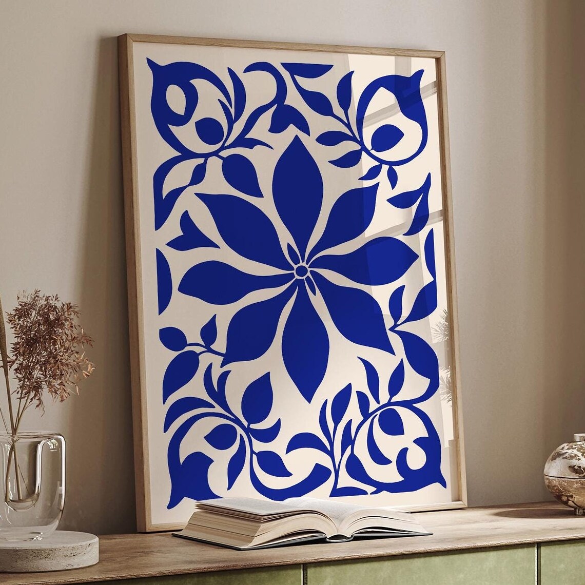 Indigo Floral Medallion Monochrome Tile Style Elegant Bloom Art Poster
