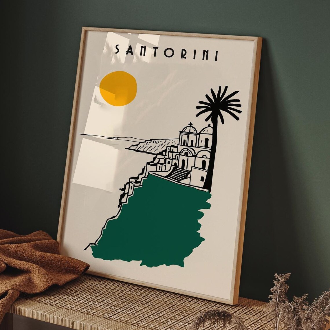 Minimalist Santorini Greece Sun Palm Cliff Village Art Poster