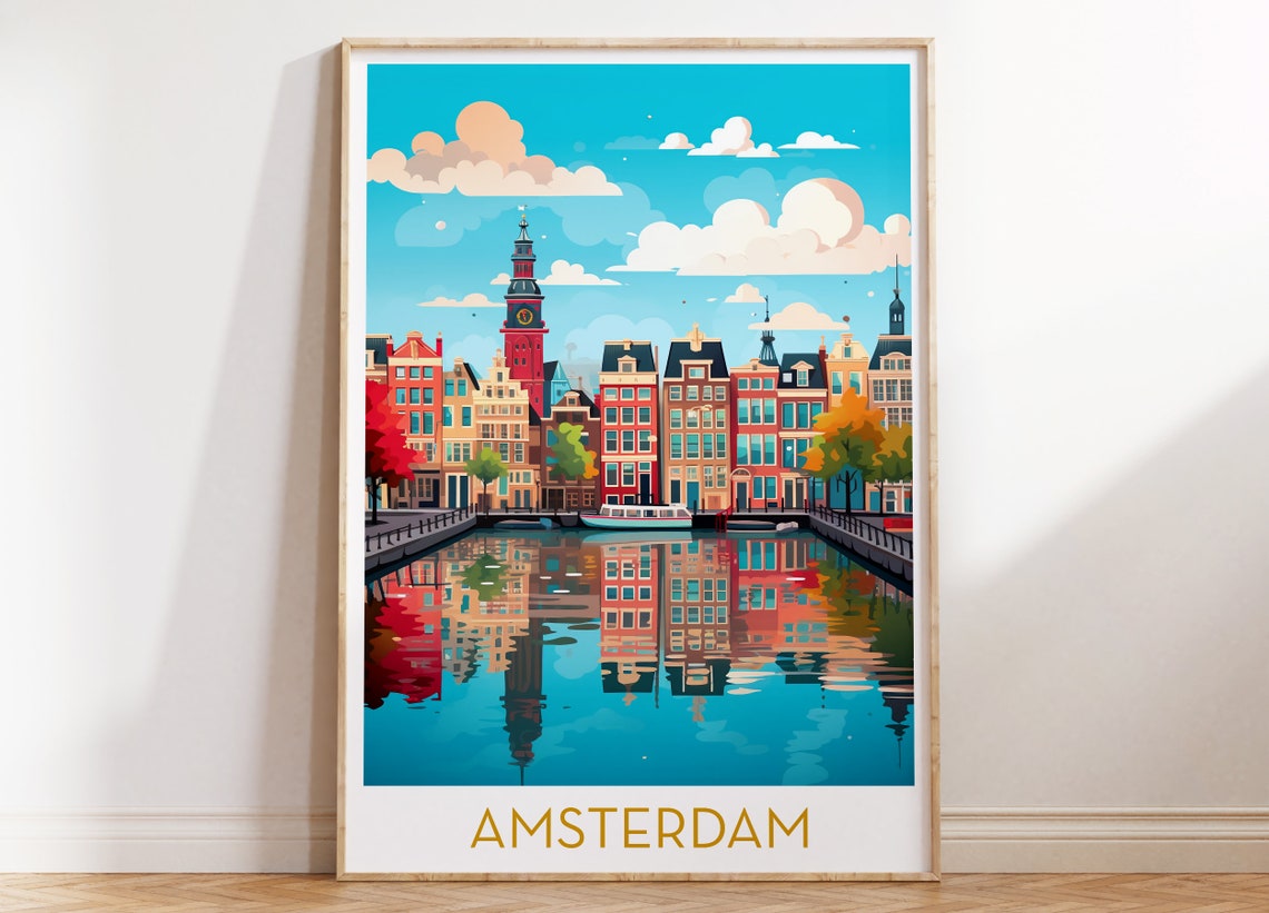 Amsterdam Canal Gabled Houses Clock Tower Daytime Travel Poster