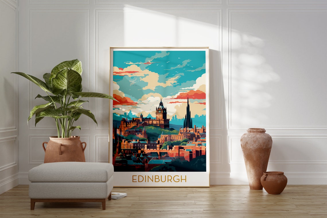 Edinburgh Scotland Old Town Sunset Skyline Retro Travel Poster - Image 2