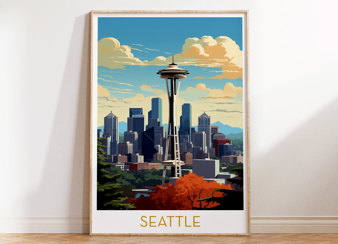 Seattle Washington Skyline Poster with Space Needle and Fall Foliage