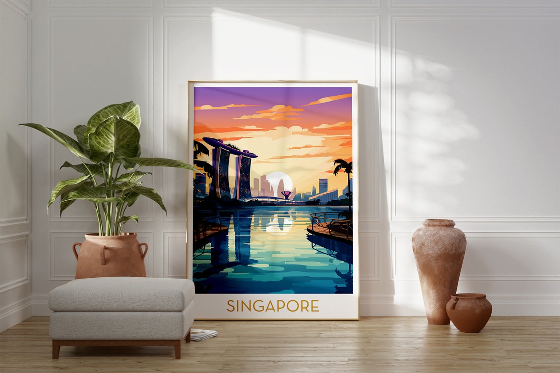 Singapore Marina Bay Sands Sunset Illustration Travel Poster - Image 2