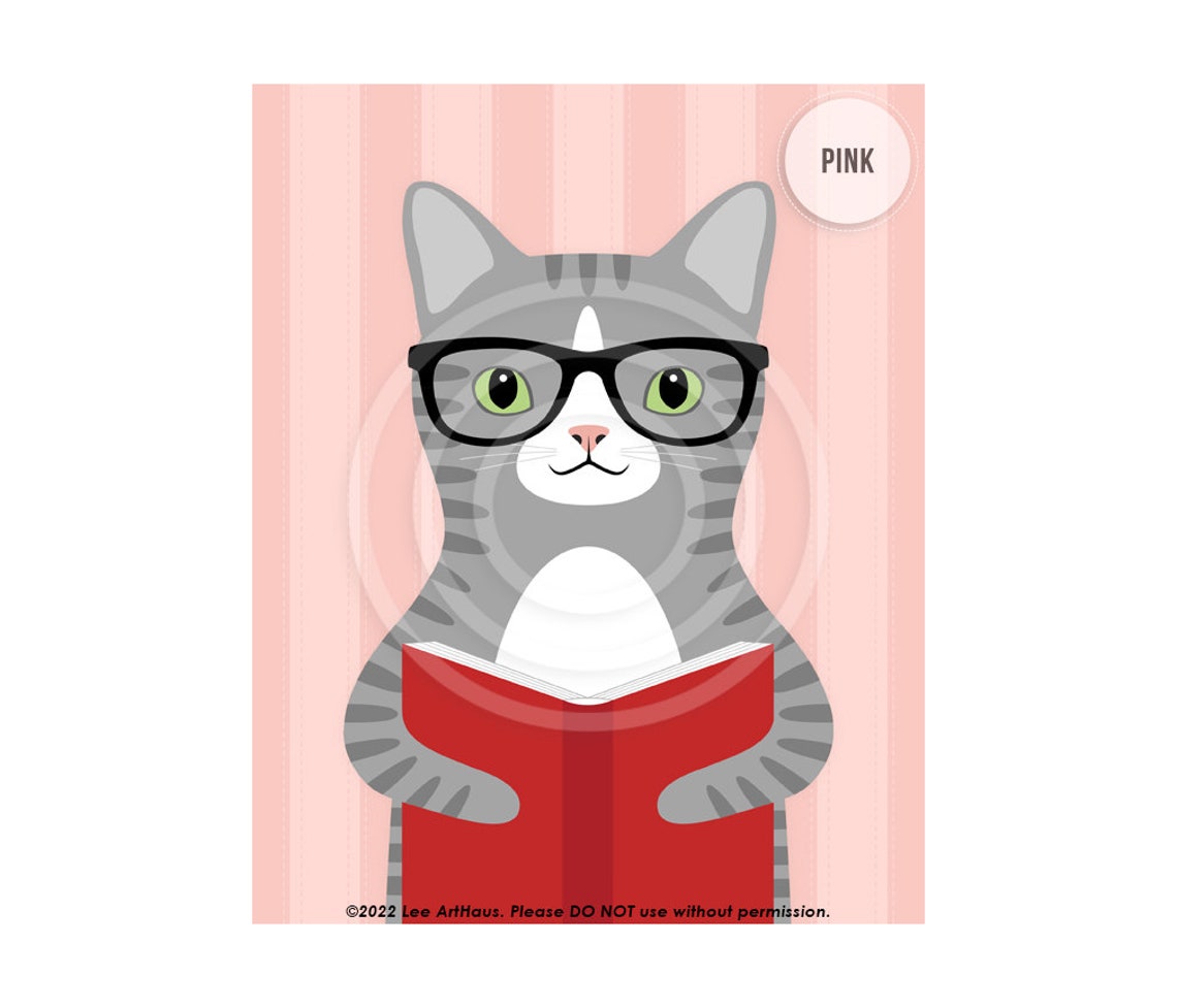 Gray Tabby Cat Glasses Reading Book Pink Library Wall Art Poster