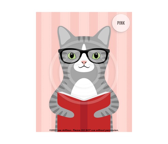 Gray Tabby Cat Glasses Reading Book Pink Library Wall Art Poster