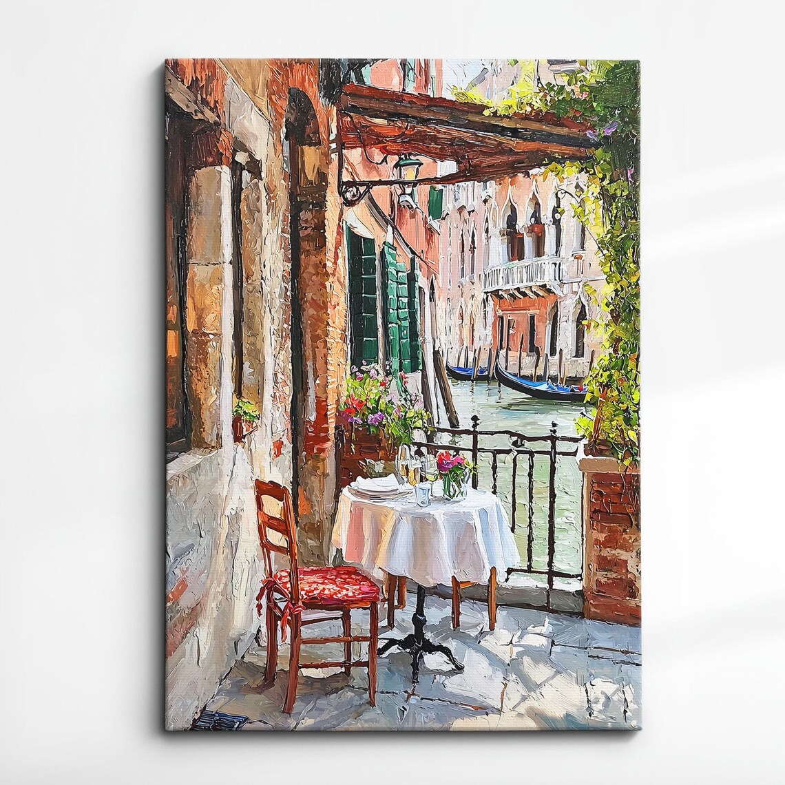 Venice Corner Cafe Terrace with Pink Flowers Overlooking Canal Poster