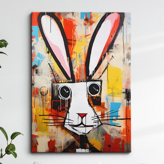 Colorful Bunny Picasso Basquiat Abstract Oil Painting Style Wall Art Framed Canvas Poster Print Home Kitchen Office Room Decor