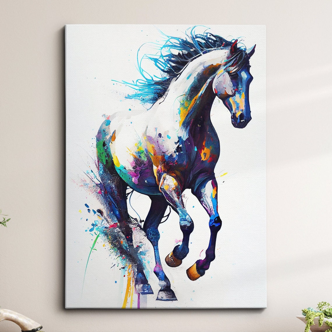 Leaping Horse Watercolor Splatter Colorful Equestrian Poster
