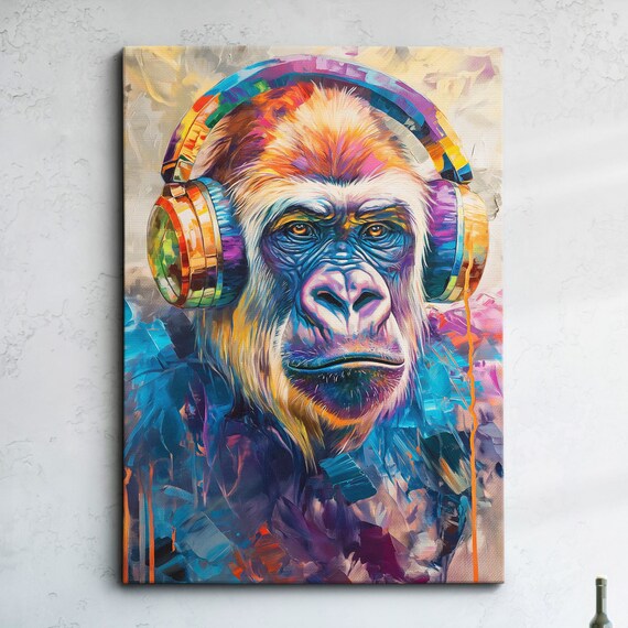 Playful Gorilla Wearing Headphones Colorful Pop Art Portrait Poster