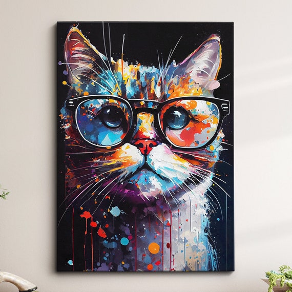 Cat With Glasses Abstract Animal Fun Colorful Pet Painting Splatter Wall Art Framed Canvas Poster Print Homeoffice Room Decor Gifts
