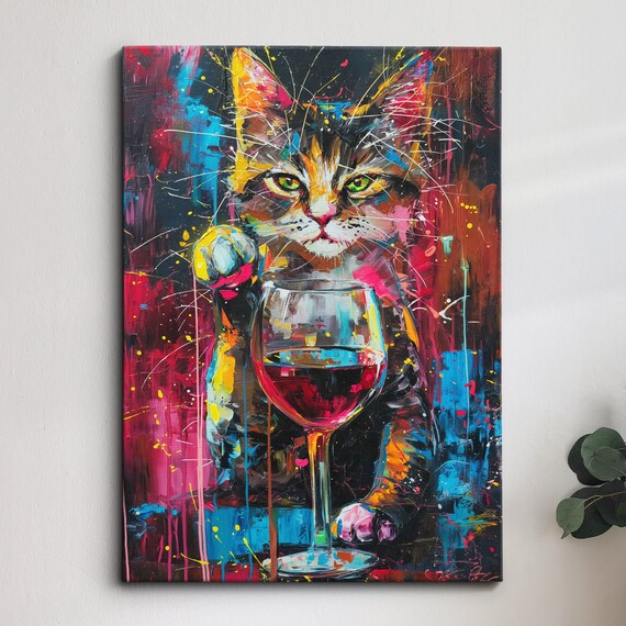 Funny Cat Toasting with Wine Glass Colorful Graffiti Pop Art Animal Poster