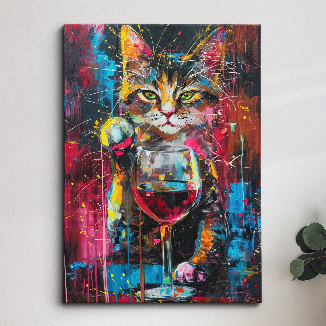 Cat Drinking Wine Pet Abstract Modern Painting Wall Art Framed Canvas Poster Print Home Kitchen Office Room Decor Gifts