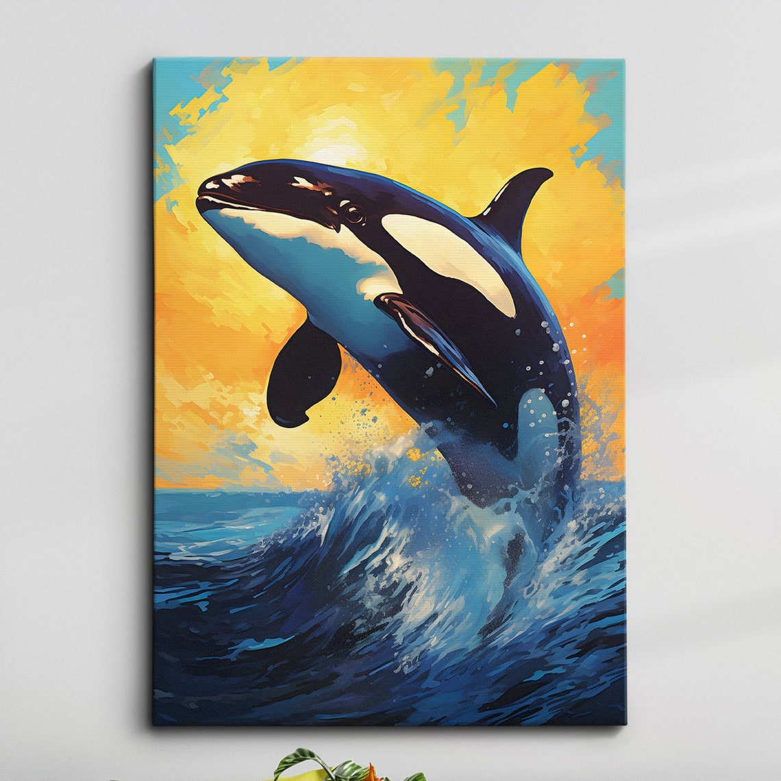 Leaping Orca Whale Sunset Ocean Colorful Canvas Painting Print