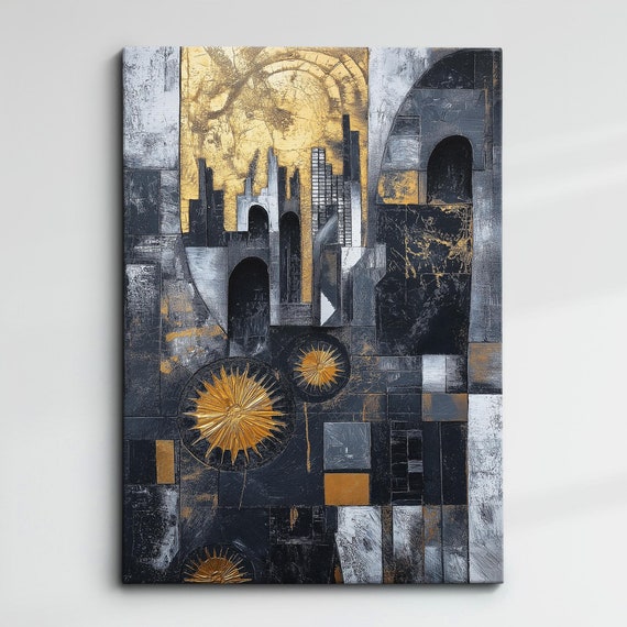Modern Abstract Black Gold Minimalist Geometric Oil Painting Wall Art Framed Canvas Poster Print Home Living Room Decor Gift Ideas