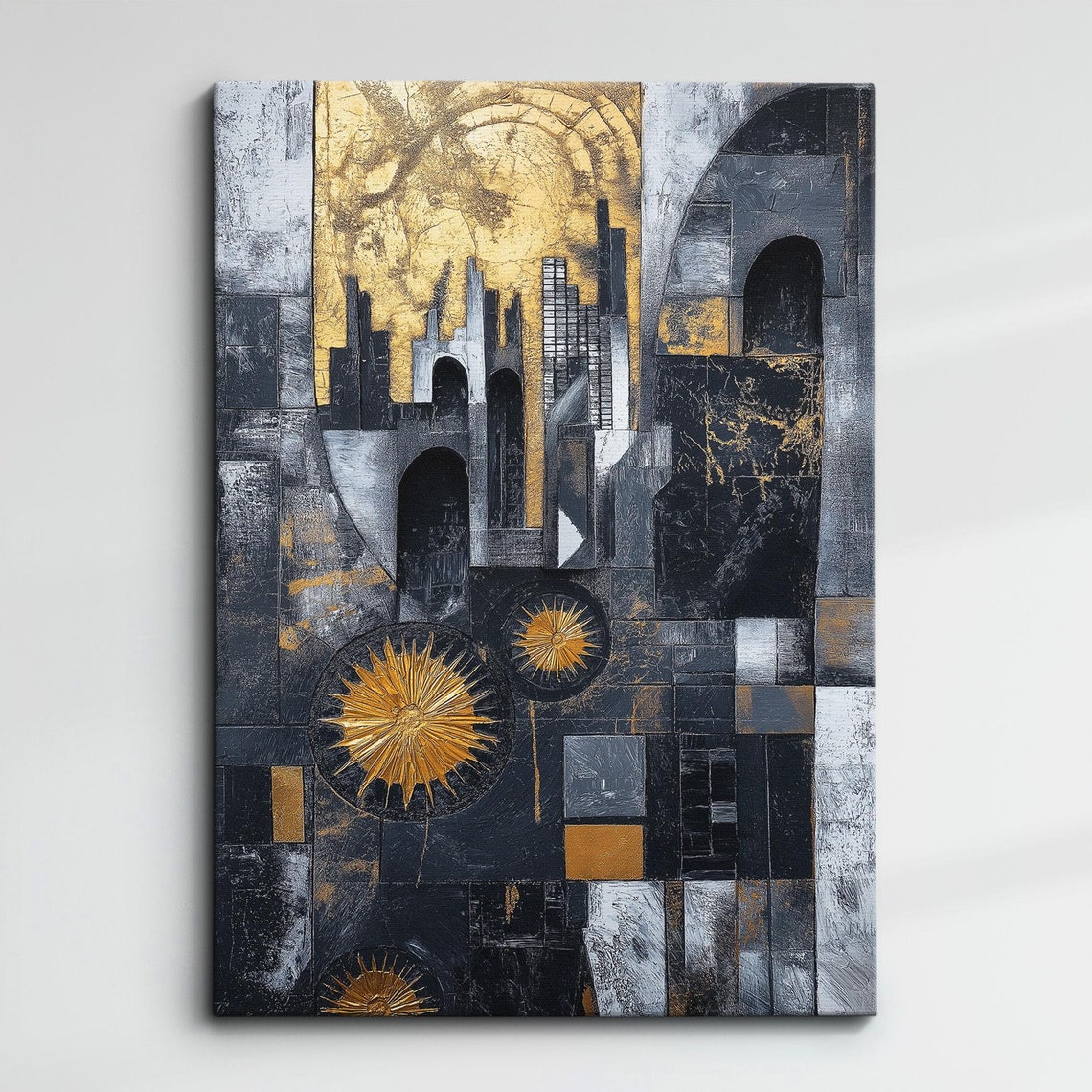 Black Gold Geometric Abstract Cityscape Oil Painting Wall Art