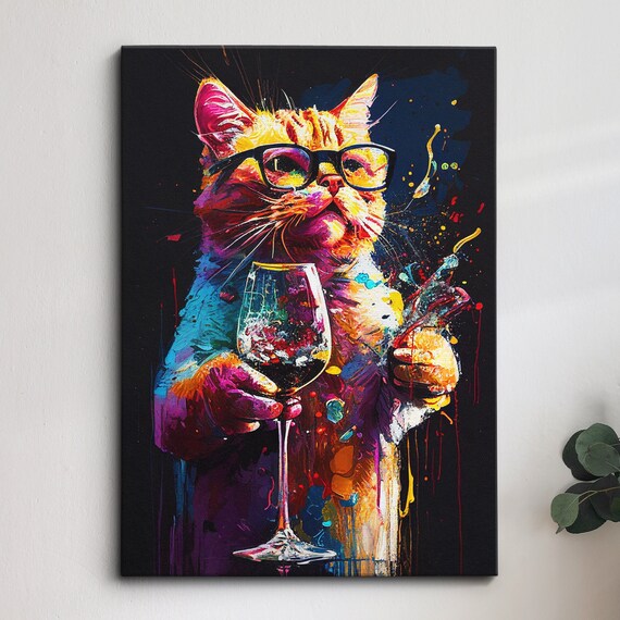 Cat With Glasses Wine Glass Paintbrush Creative Pop Art Poster