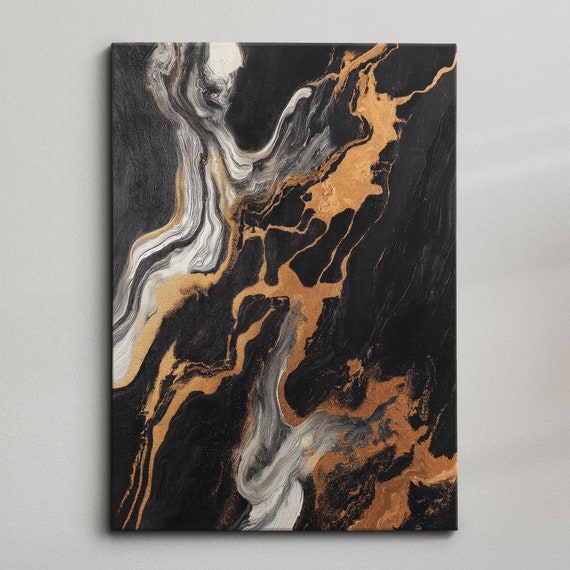 Modern Abstract Black Gold Minimalist Geometric Oil Painting Wall Art Framed Canvas Poster Print Home Living Room Decor Gift Ideas