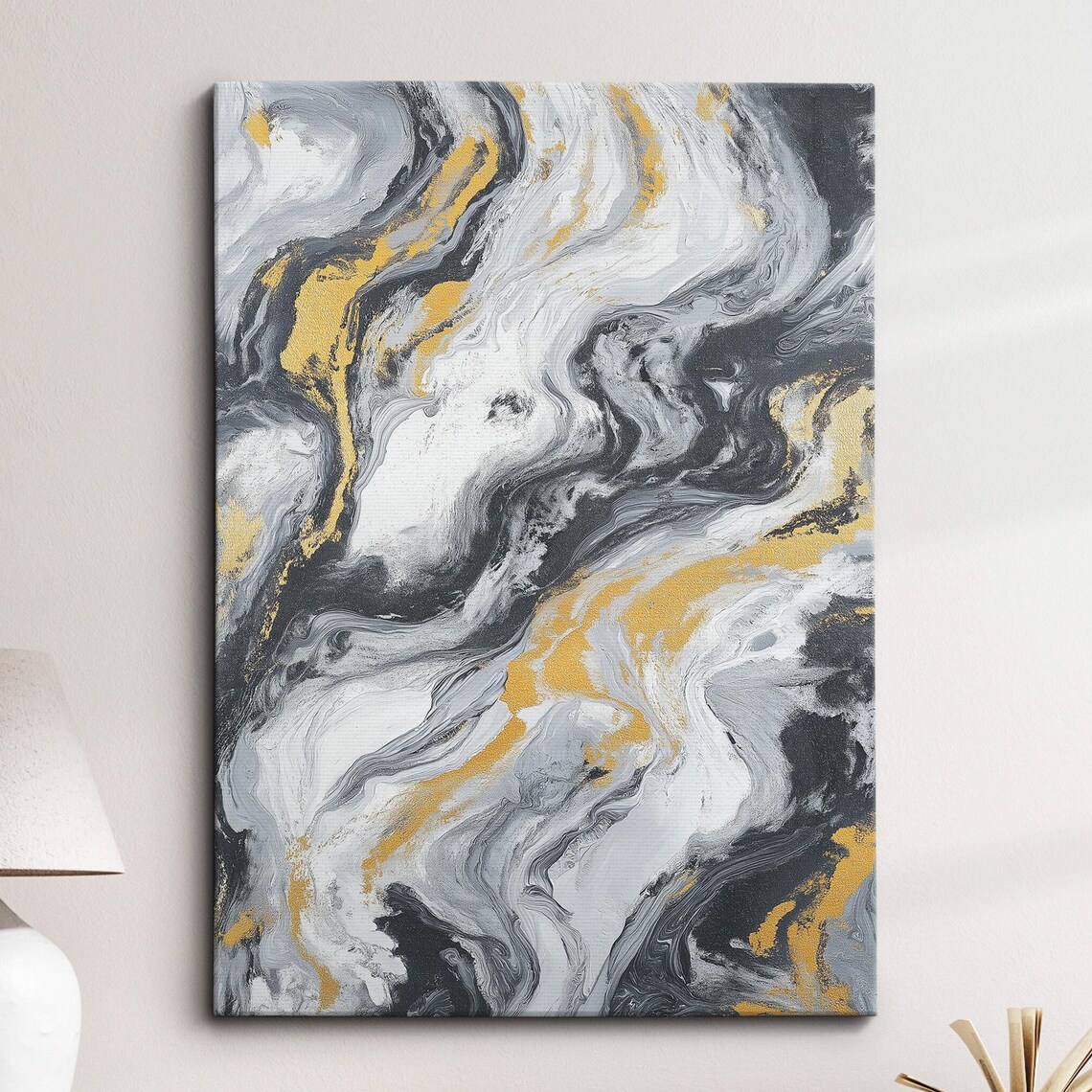 Gray White Black Fluid Marble With Gold Veins Modern Art Poster