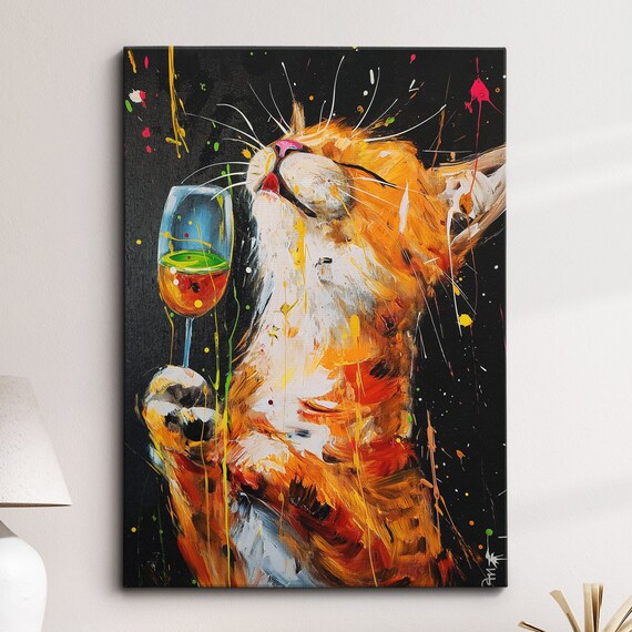 Cute Cat With Wine Glass Splatter Art Funny Tabby Kitchen Poster
