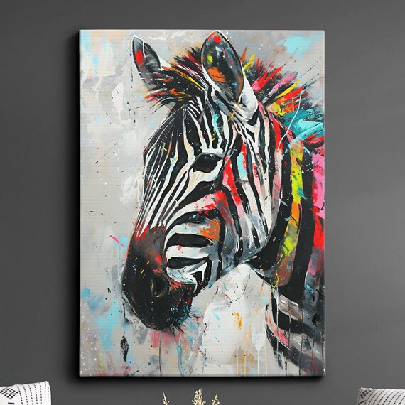 Colorful Zebra Fun Animal Lover Abstract Oil Painting Wall Art Framed Canvas Poster Print Home Kitchen Living Room Decor Gifts