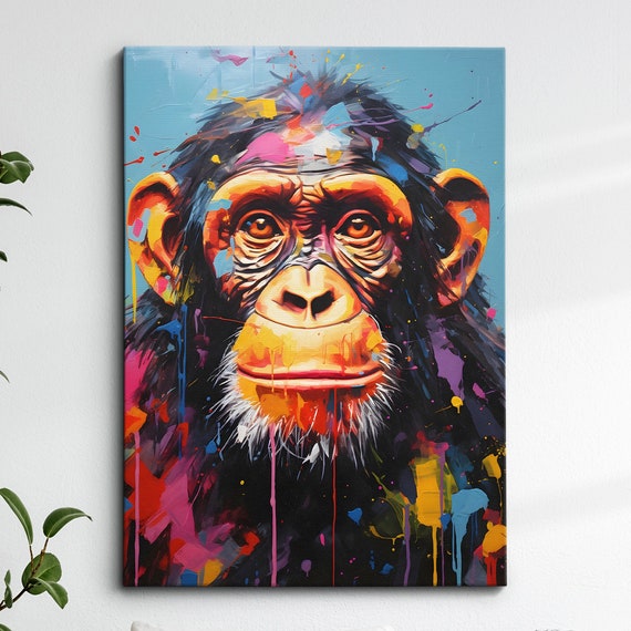 Colorful Fun Ape Animal Abstract Oil Painting Splatter Style Wall Art Framed Canvas Poster Print Home Kitchen Office Room Decor Gifts