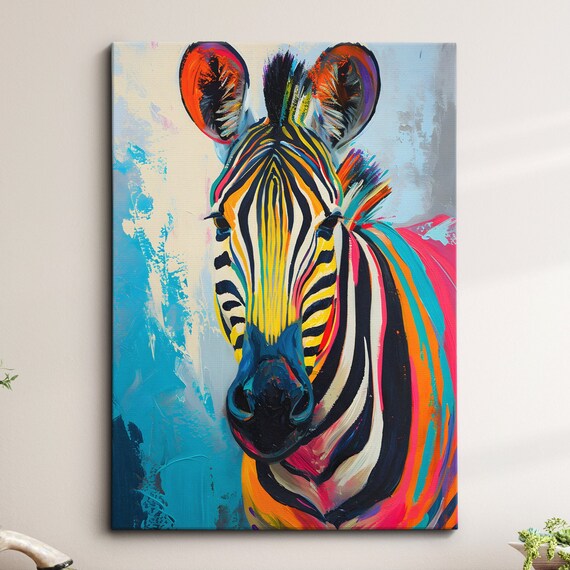 Colorful Zebra Fun Animal Lover Abstract Oil Painting Wall Art Framed Canvas Poster Print Home Kitchen Living Room Decor Gifts