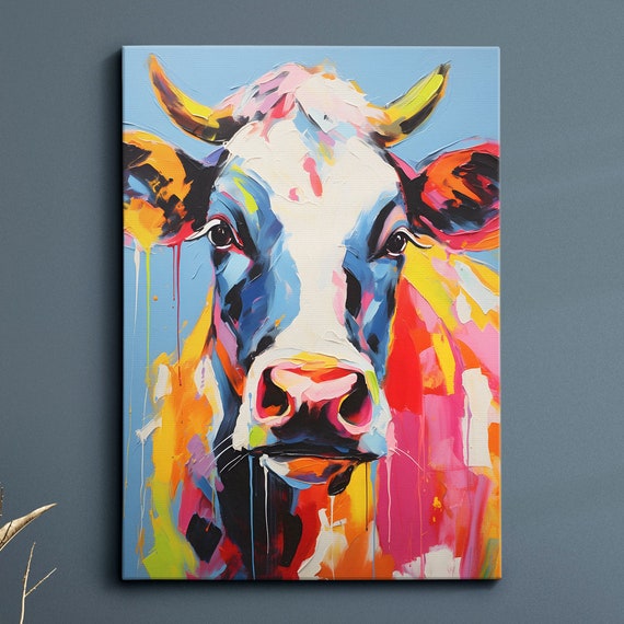 Colorful Cow Animal Abstract Oil Painting Splatter Style Wall Art Framed Canvas Poster Print Home Kitchen Office Room Decor Gifts