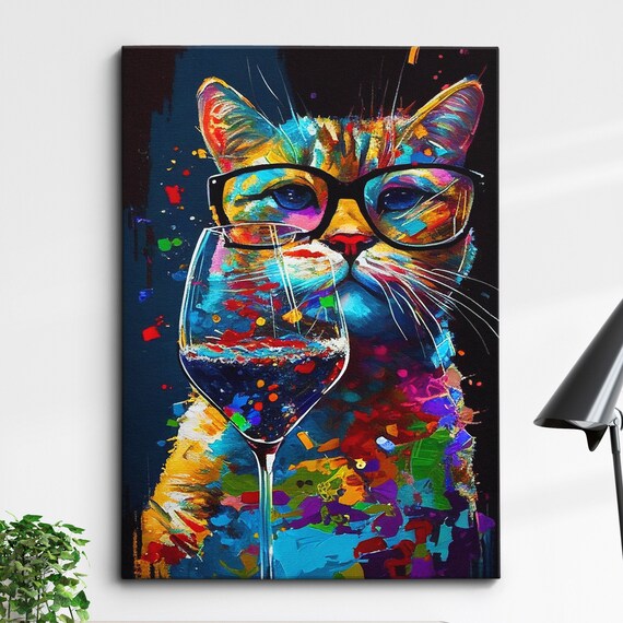 Cat Wearing Glasses Drinking Wine Colorful Pop Art Funny Poster