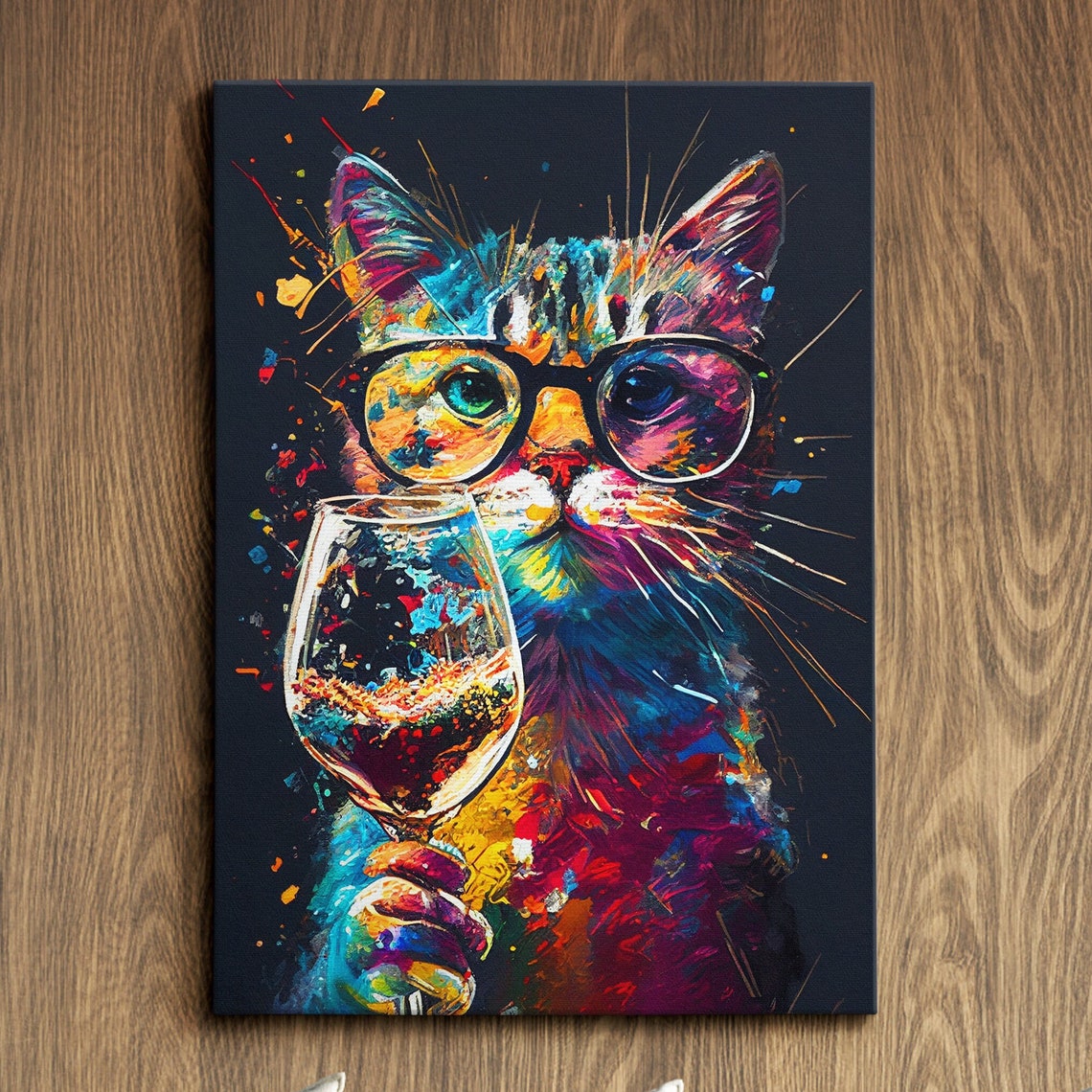 Colorful Cool Cat in Glasses Sipping Wine Splatter Art Poster