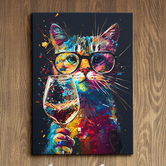 Colorful Cool Cat in Glasses Sipping Wine Splatter Art Poster