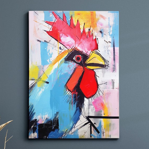 Rooster Picasso Basquiat Abstract Oil Painting Style Wall Art Framed Canvas Poster Print Home Kitchen Office Room Decor Gifts