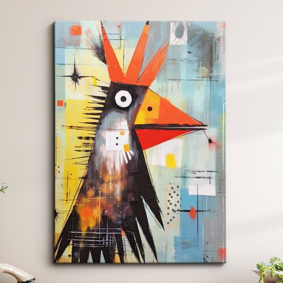 Fun Rooster Picasso Basquiat Abstract Oil Painting Style Wall Art Framed Canvas Poster Print Home Kitchen Office Room Decor Gifts