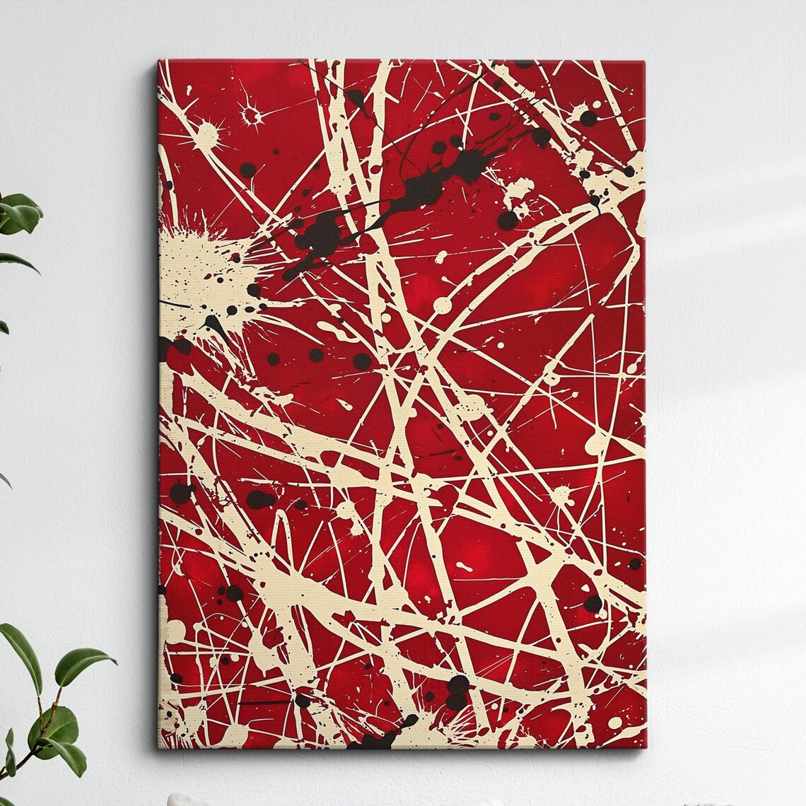 Red Beige Black Abstract Splatter Paint Modern Canvas Wall Art