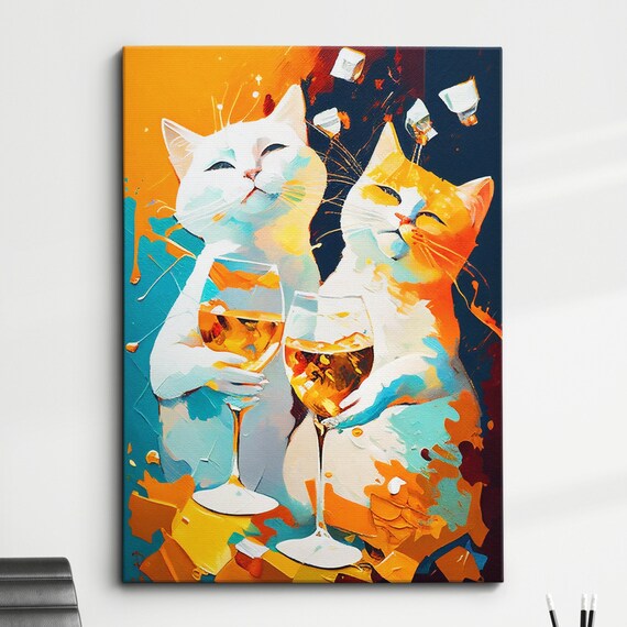 Two Happy Cats Holding Cocktail Glasses Colorful Celebration Party Poster