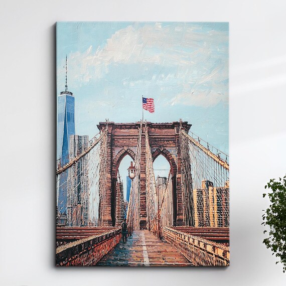 Brooklyn Bridge Bright Daytime Walkway Oil Painting NYC Poster