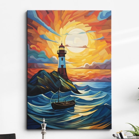 Lighthouse On The Sea Abstract Oil Painting Style Wall Art Framed Canvas Poster Print Home Kitchen Office Room Decor Gifts