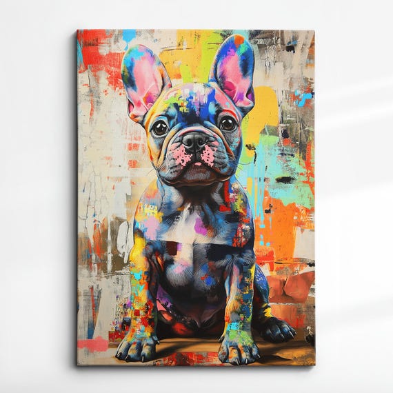 French Bulldog Abstract Dog Pet Paint Splash Modern Painting Wall Art Oil Framed Canvas Poster Home Kitchen Office Room Decor