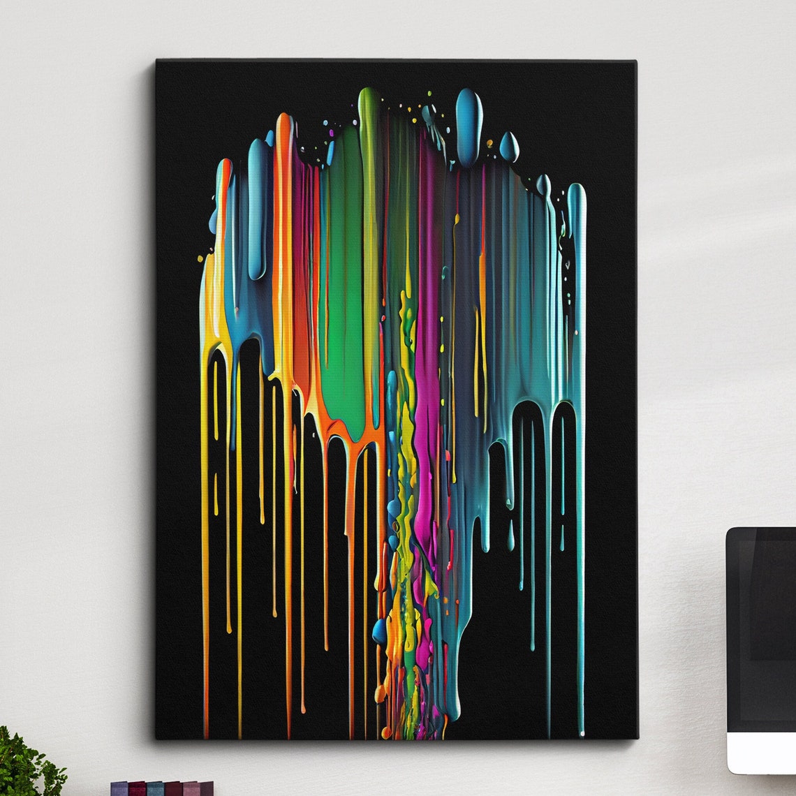 Rainbow Dripping Paint Abstract Modern Art Black Background Poster