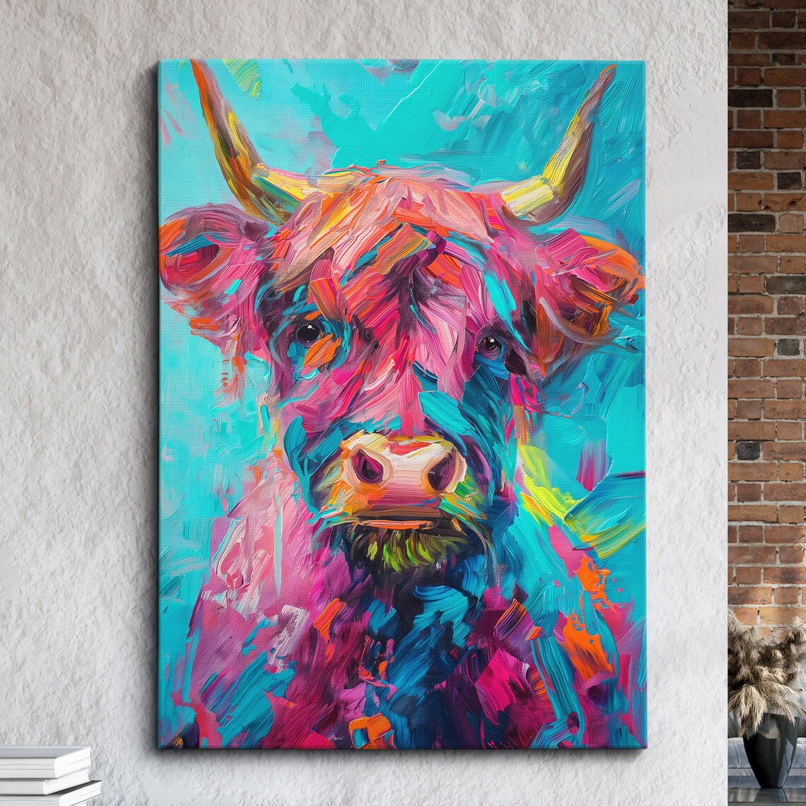 Colorful Highland Cow Abstract Pop Art Cattle Portrait Poster