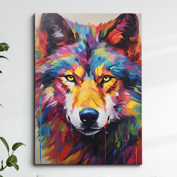 Colorful Wolf Animal Abstract Oil Painting Splatter Style Wall Art Framed Canvas Poster Print Home Kitchen Office Room Decor Gifts