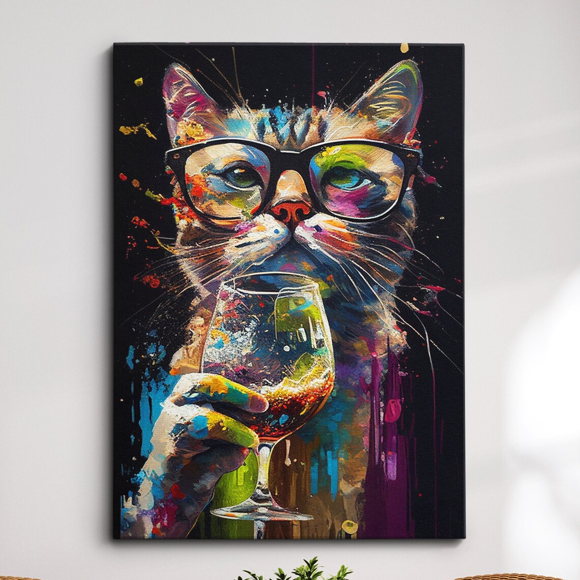 Hipster Cat With Glasses Sipping Wine Colorful Abstract Painting Poster
