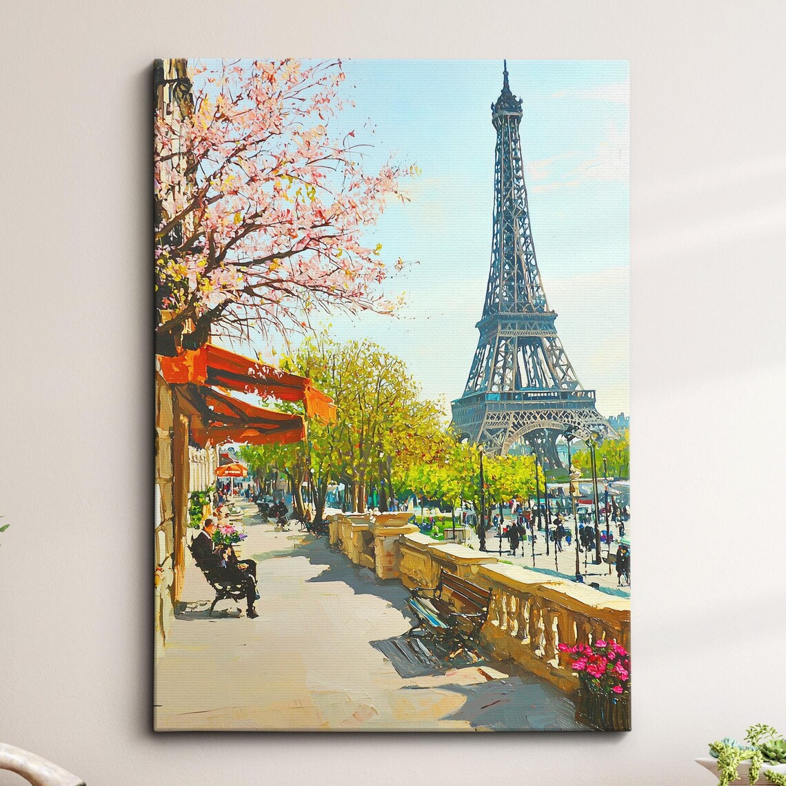 Paris Eiffel Tower Spring Blossom Oil Painting Riverside Poster